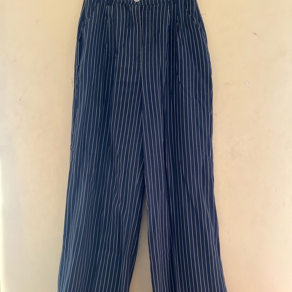 Danielle Bernstein Navy Blue Striped Wide-Leg Pants
